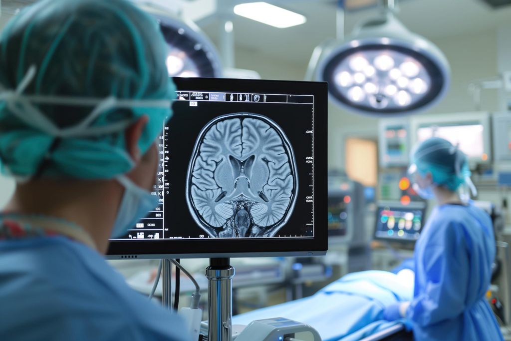 תמונה מחדר ניתוח עם צוות רפואי ומסך המציג סריקת מוח